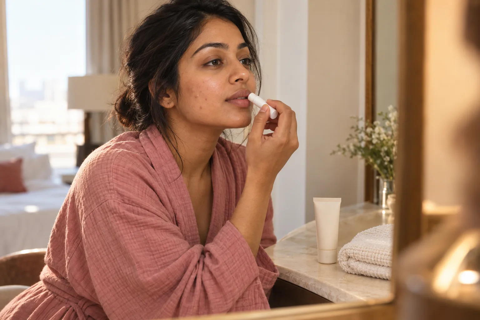 A woman applying plain lip balm at a cream vanity beside a moisturizer tube and folded washcloth