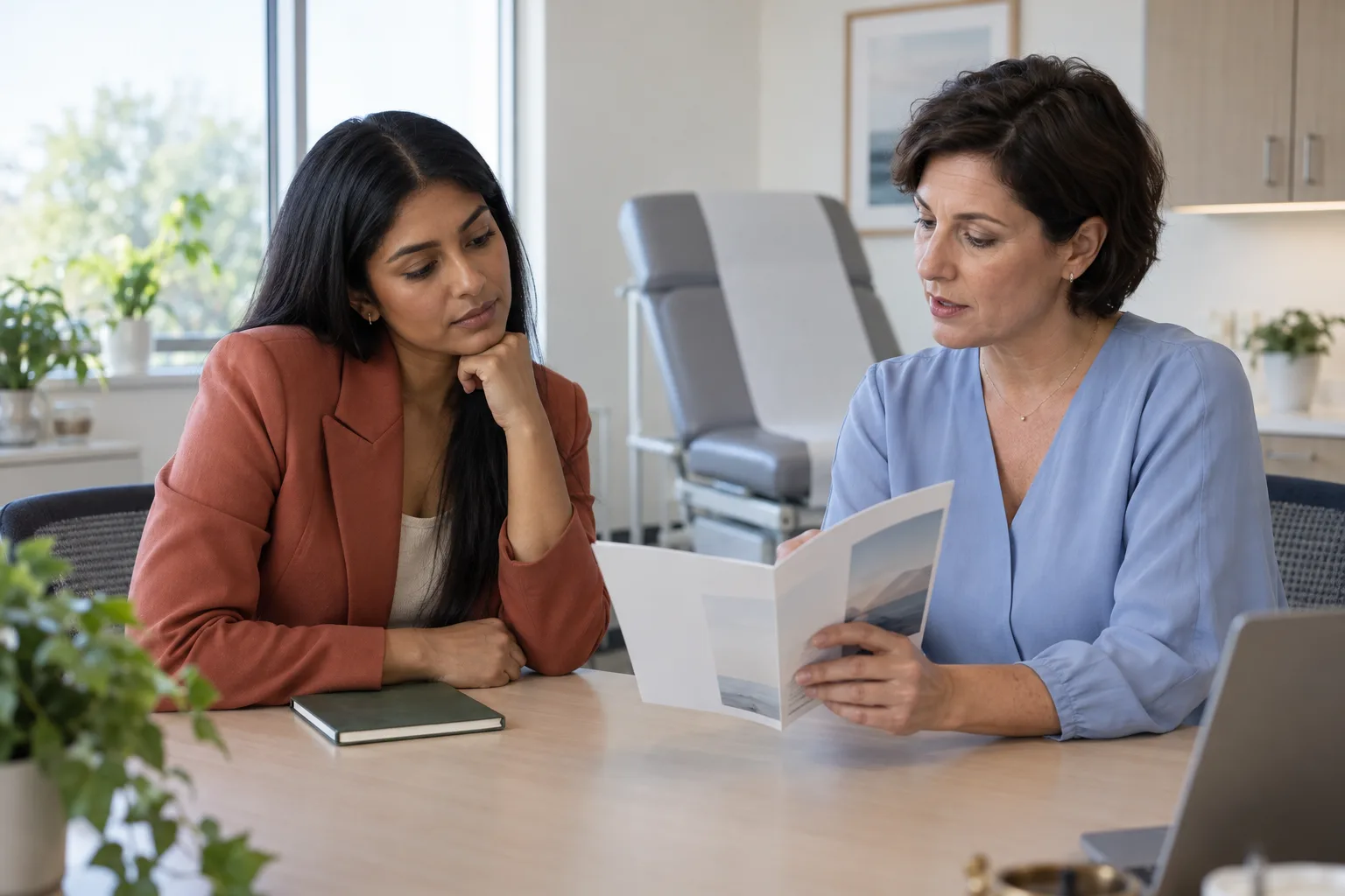 A bride-to-be discussing a proposed treatment brochure with a clinician in a consultation office