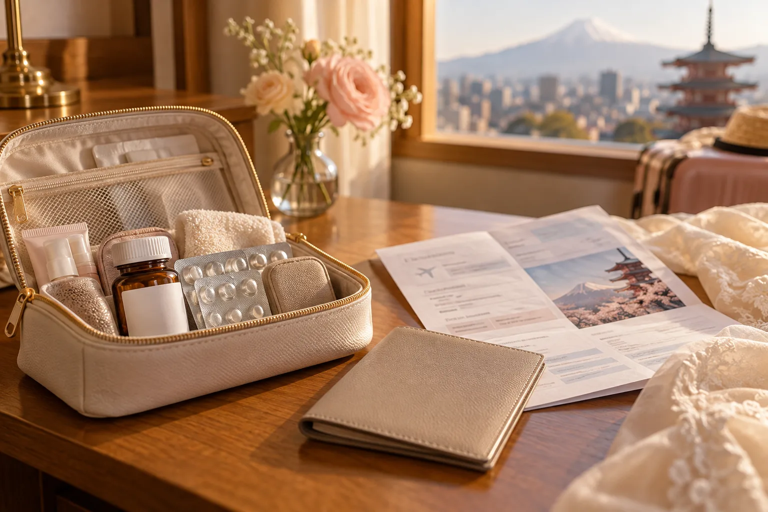 A cream travel pouch beside a pharmacy bottle, packaged medicine and a plain passport cover