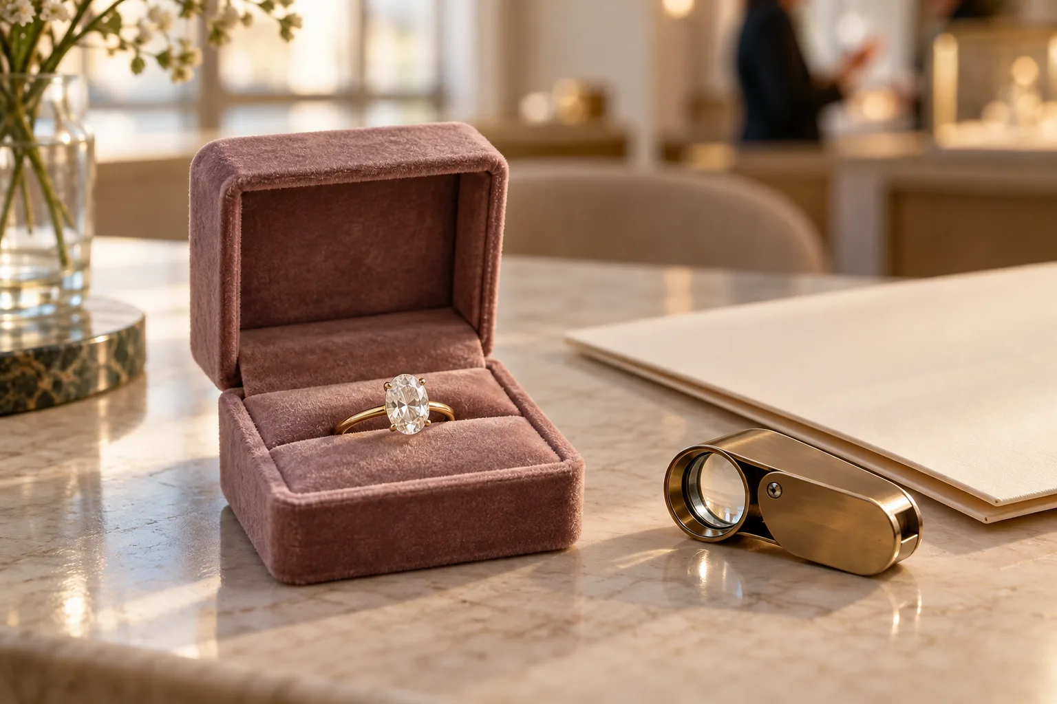An oval-stone solitaire ring in a mauve velvet box beside a jeweler’s loupe and cream document folder