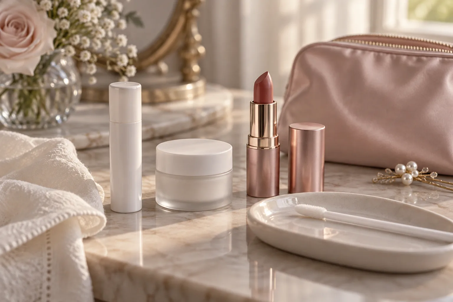 Lip balm, a closed ointment jar, rose lipstick and a fresh disposable applicator arranged on an ivory vanity