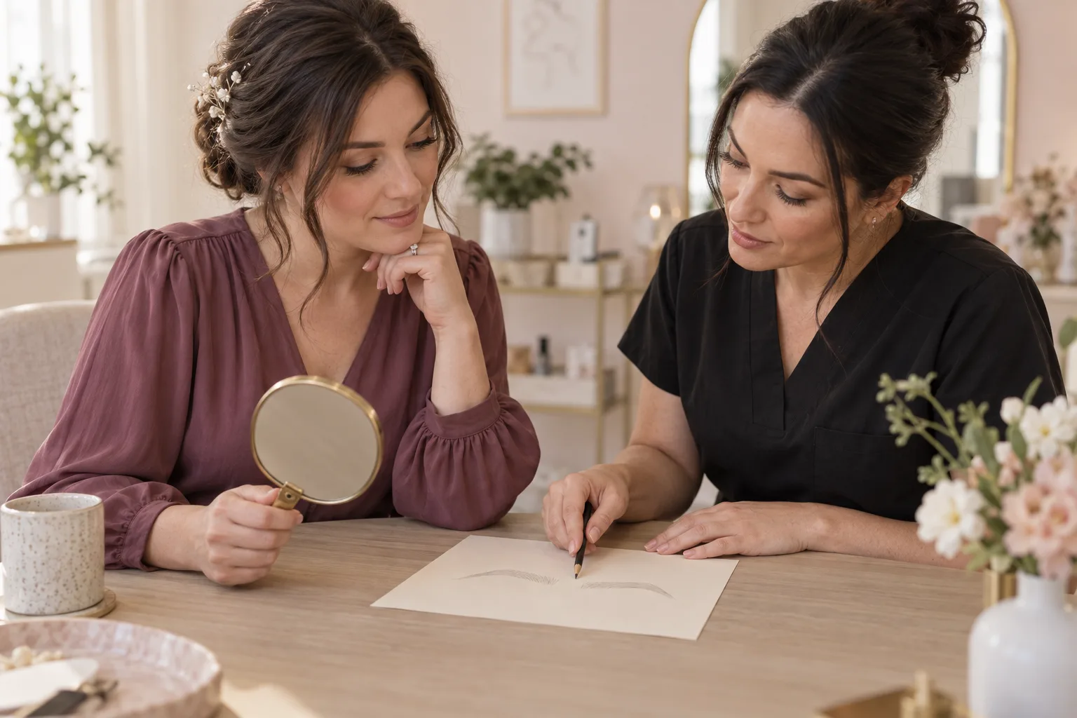 A bride and brow professional reviewing eyebrow shape on paper during a consultation, with no treatment underway