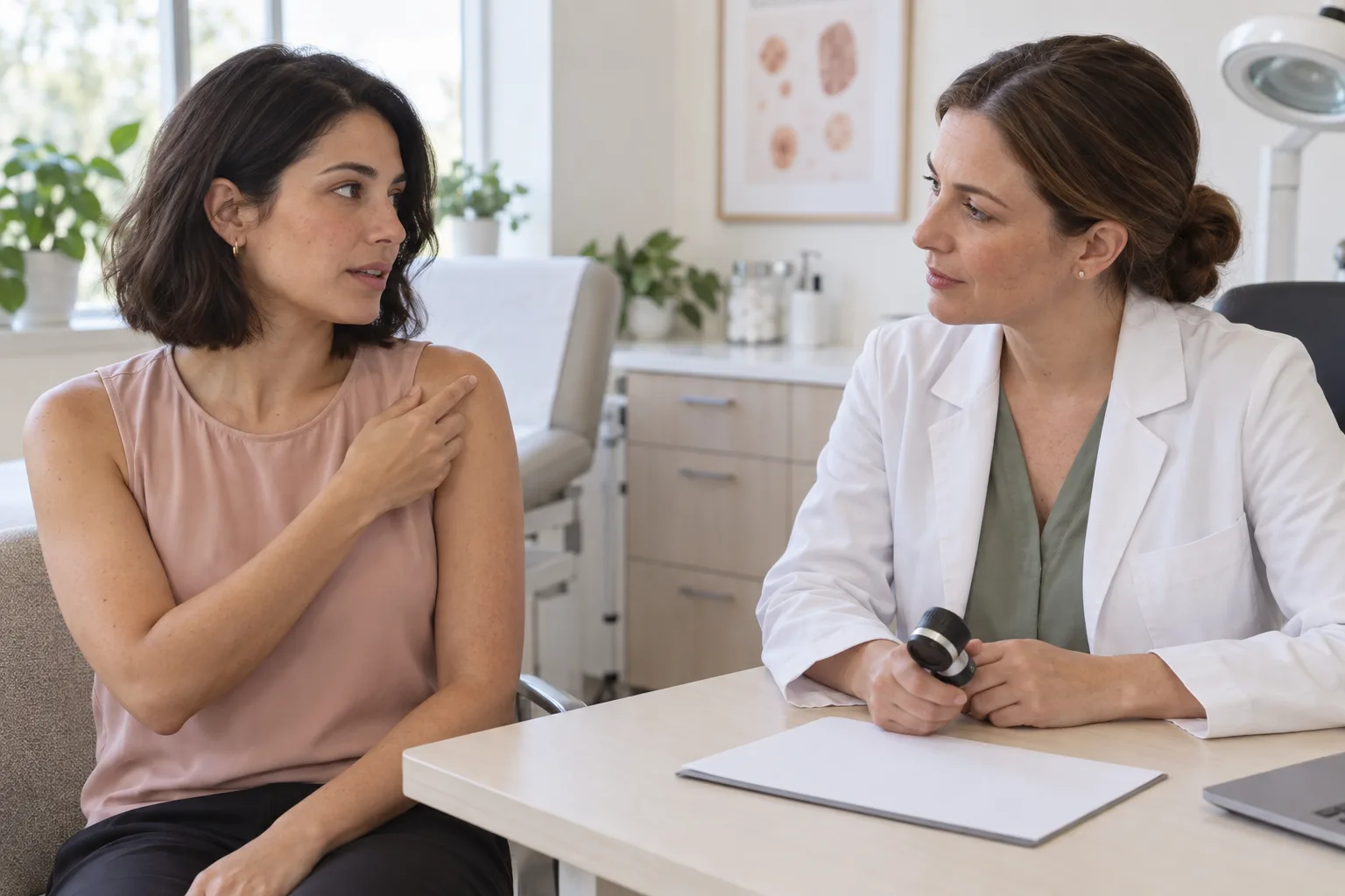 A bride showing a dermatologist the area near her shoulder during an office consultation