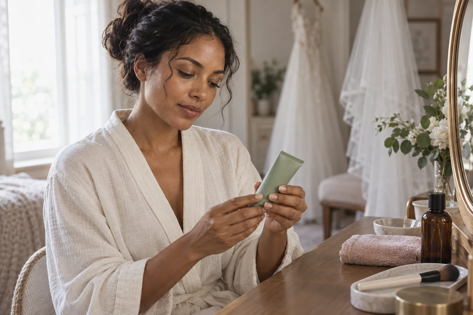 A woman in an ivory robe reviewing a plain moisturizer tube at a dressing table with a wedding veil in the background