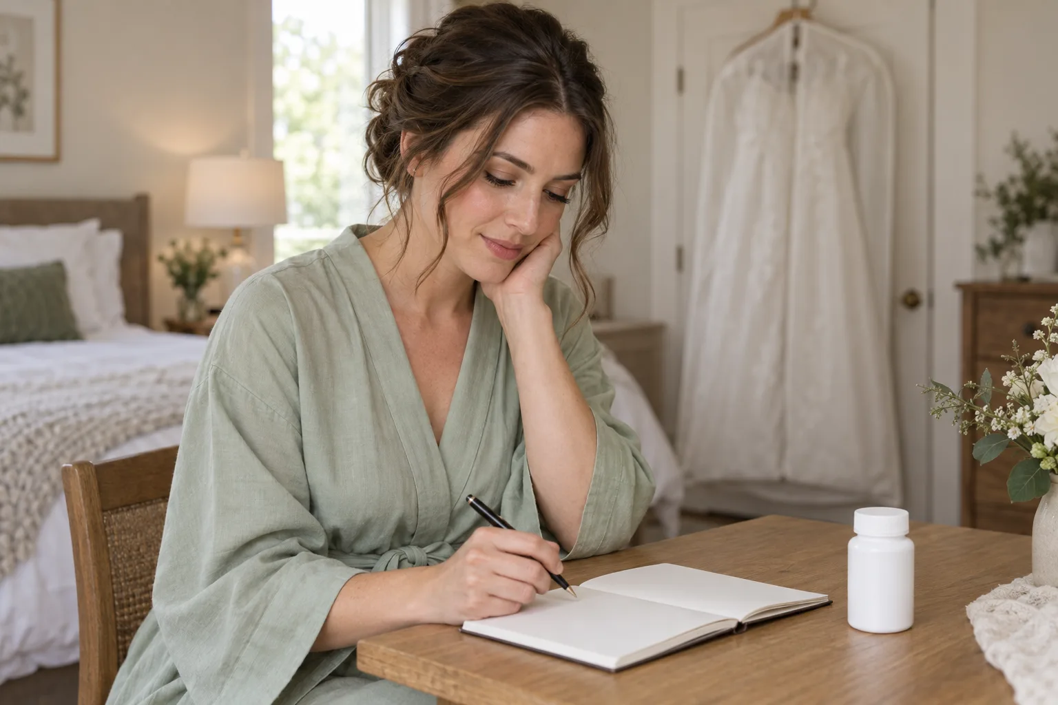 A woman in a pale green robe checking a private morning notebook beside a closed plain medicine bottle