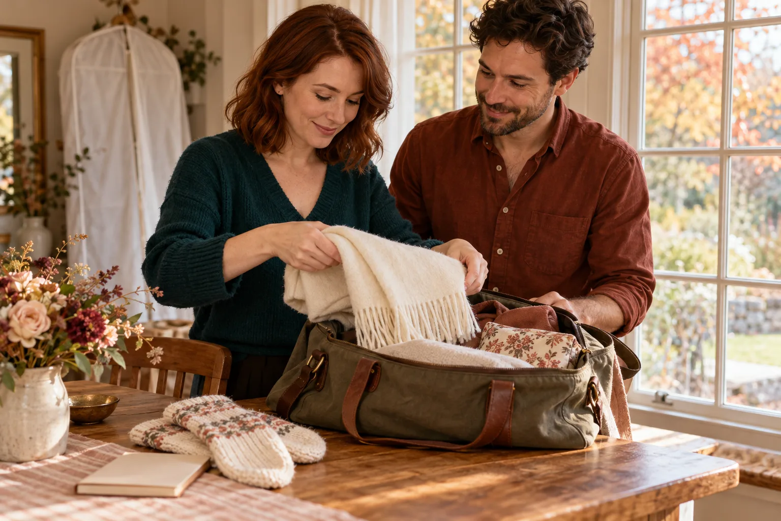 A couple in teal and rust sweaters packs an ivory wrap beside knitted mittens and a notebook.