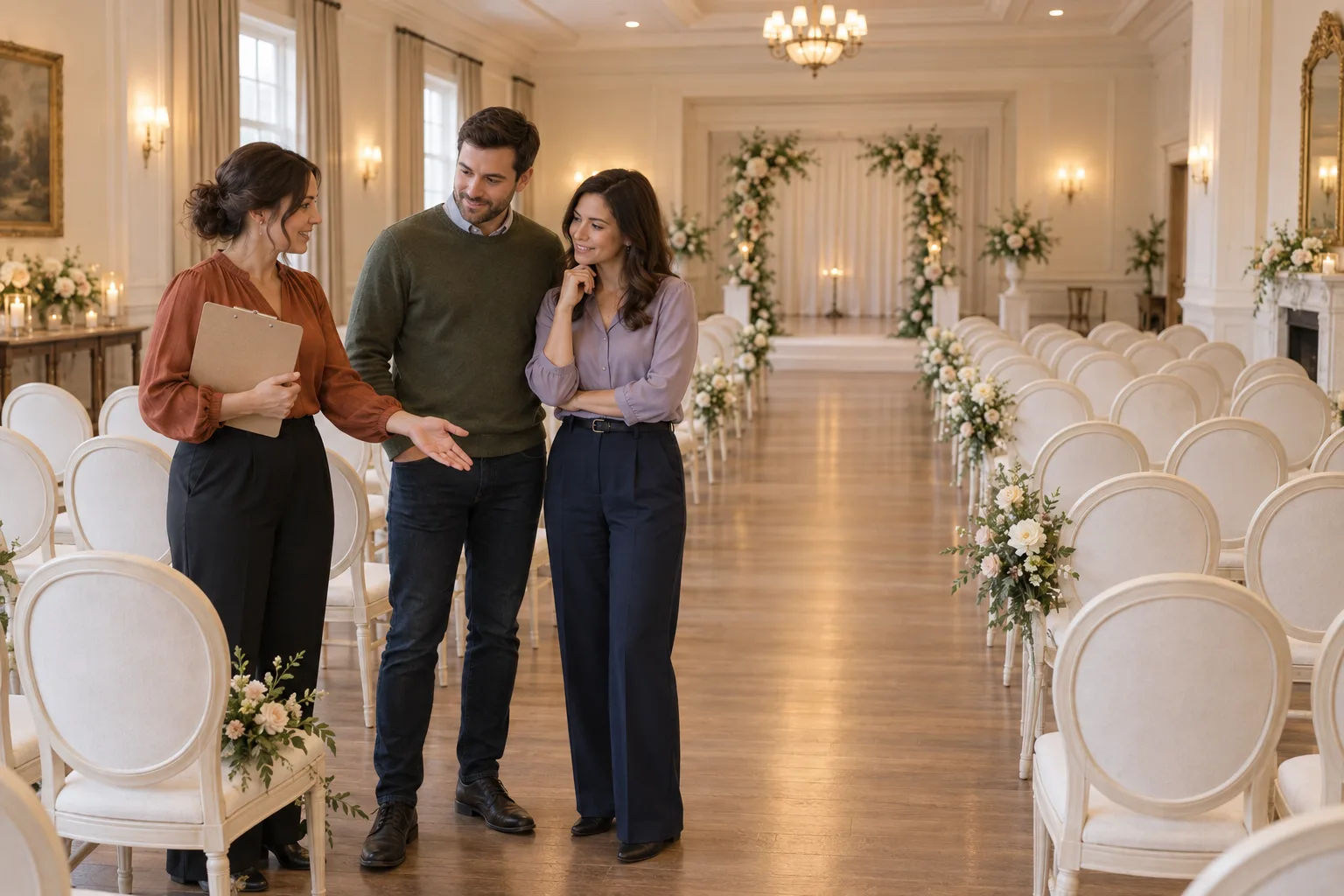 A wedding coordinator and couple checking an indoor ceremony arrangement in a substantial venue hall