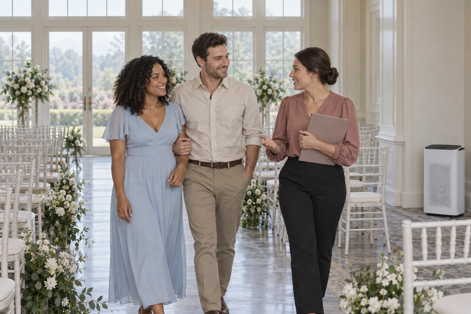A couple and venue coordinator reviewing an indoor ceremony room beside closed windows and a portable air cleaner