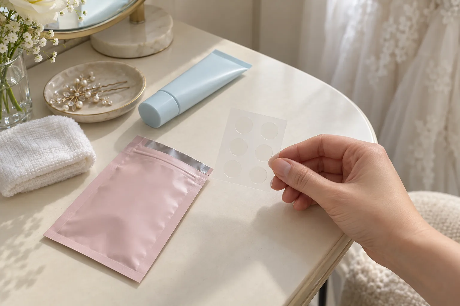A sheet of clear round pimple patches beside a plain pouch and bridal hair accessory