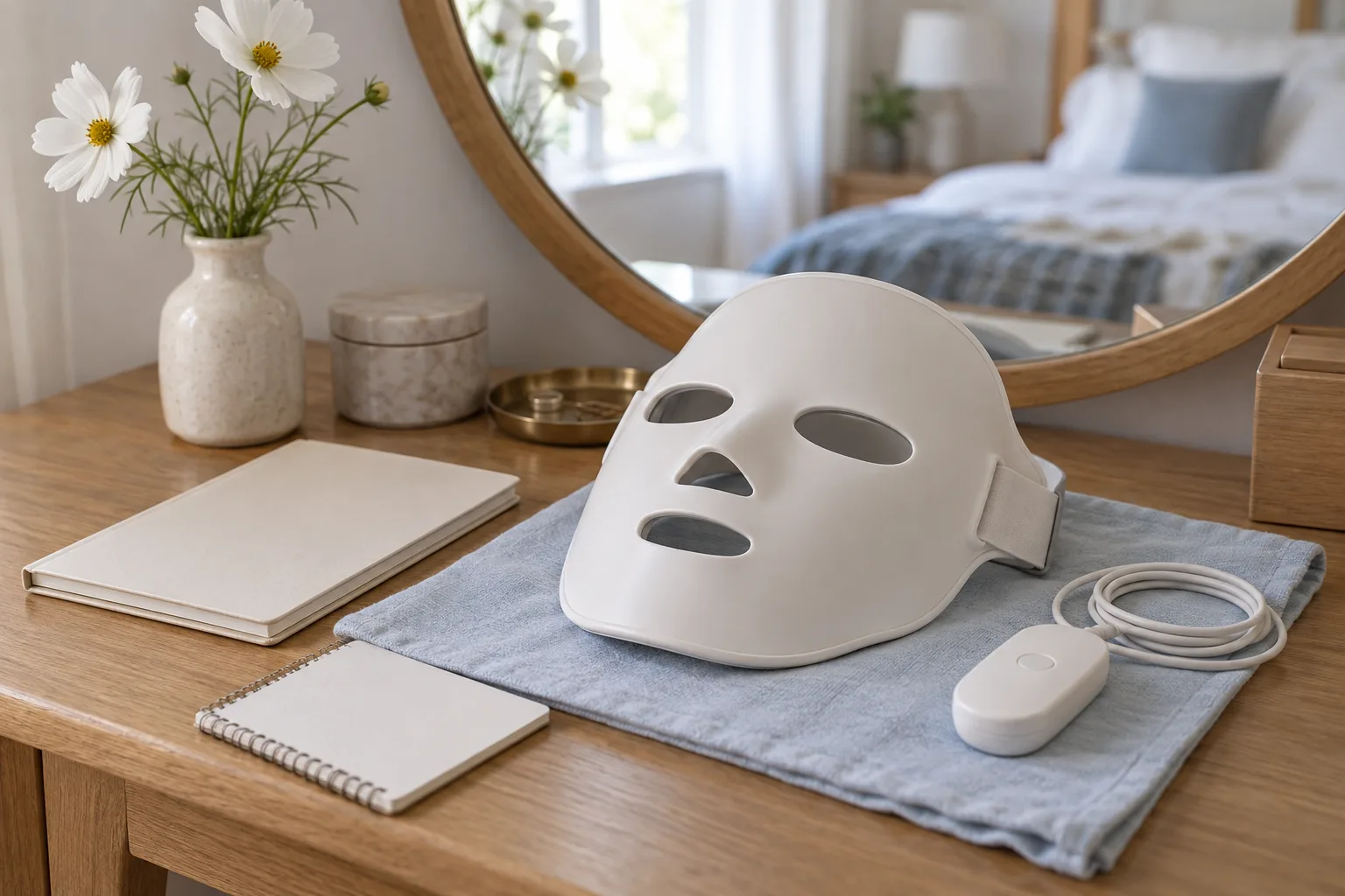 An unbranded LED facial mask switched off beside its controller and blank instruction booklet on a dressing table