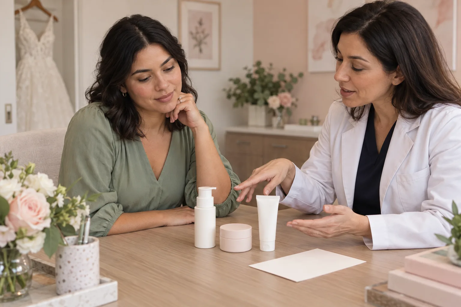 A bride in a muted sage blouse reviewing a simple skin-care routine with a dermatologist using generic product containers