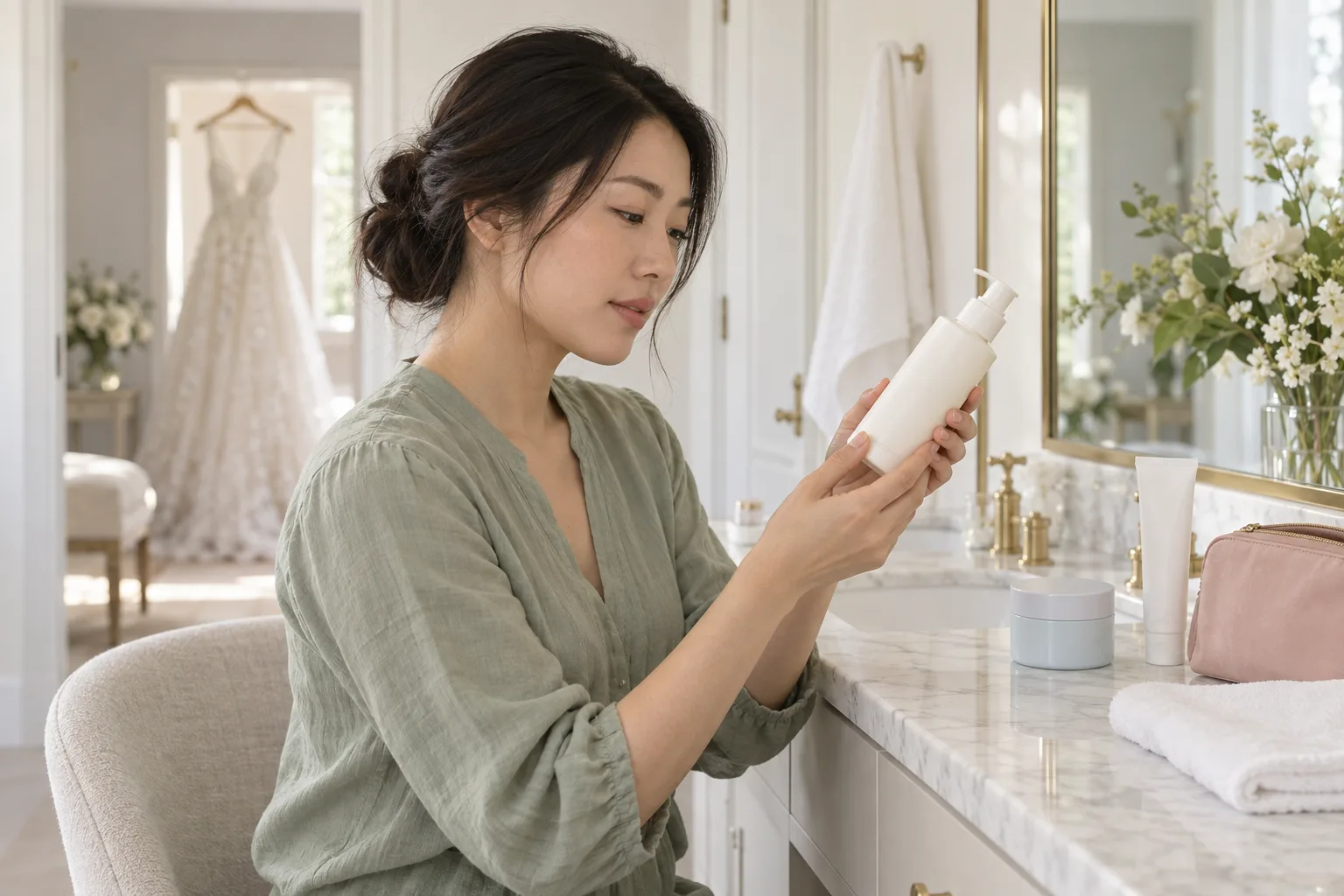 A woman reviewing a plain cleanser bottle at a bathroom vanity beside a closed pad jar and moisturizer
