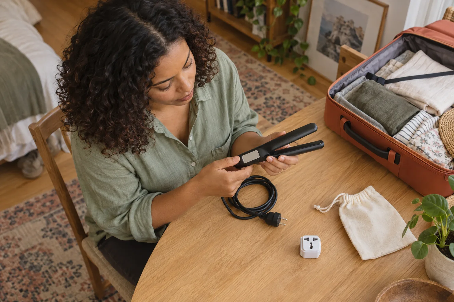 A bride-to-be checking an unplugged hair straightener beside a suitcase and travel adapter