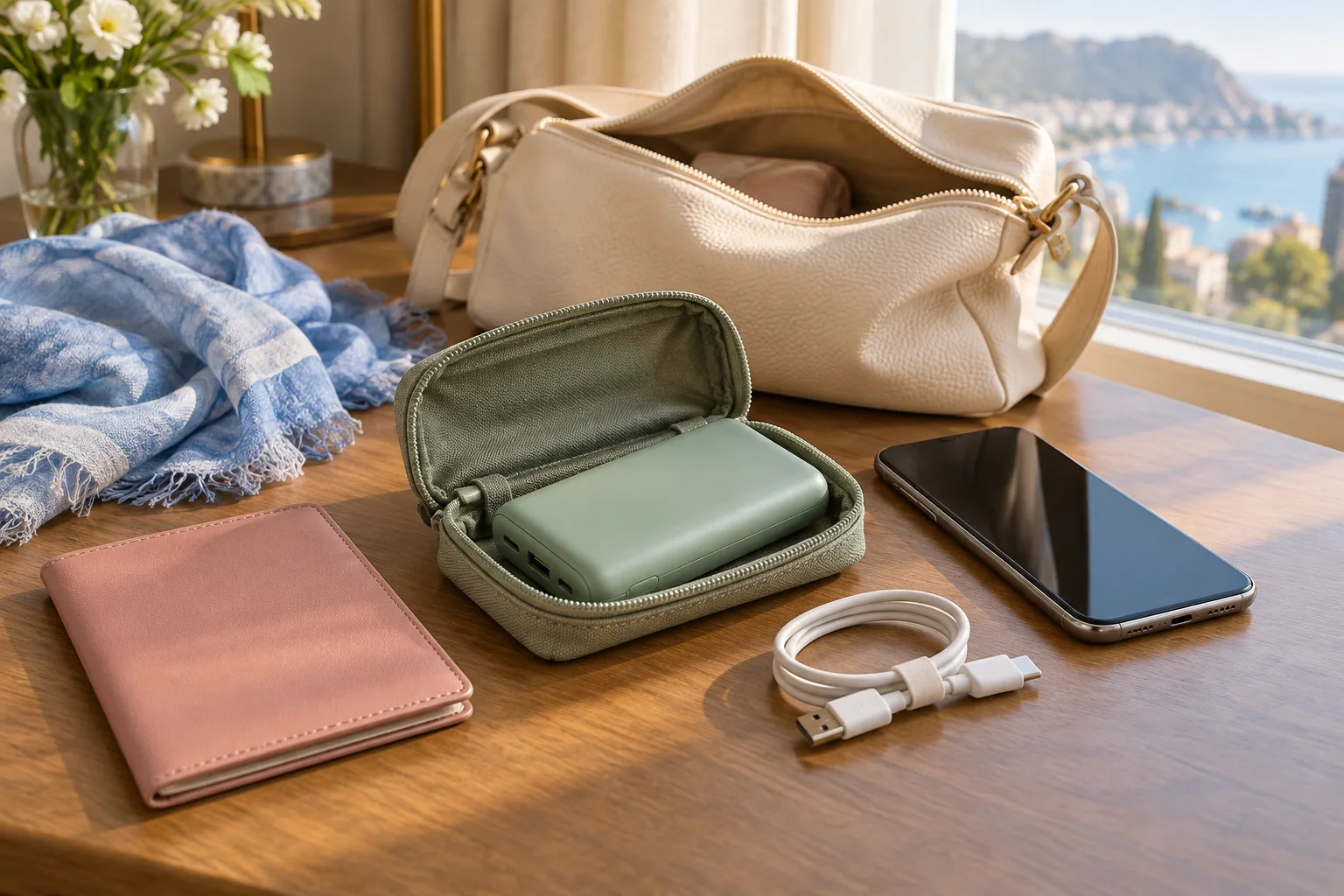 A disconnected sage power bank in an open protective pouch beside a phone, coiled cable and travel bag