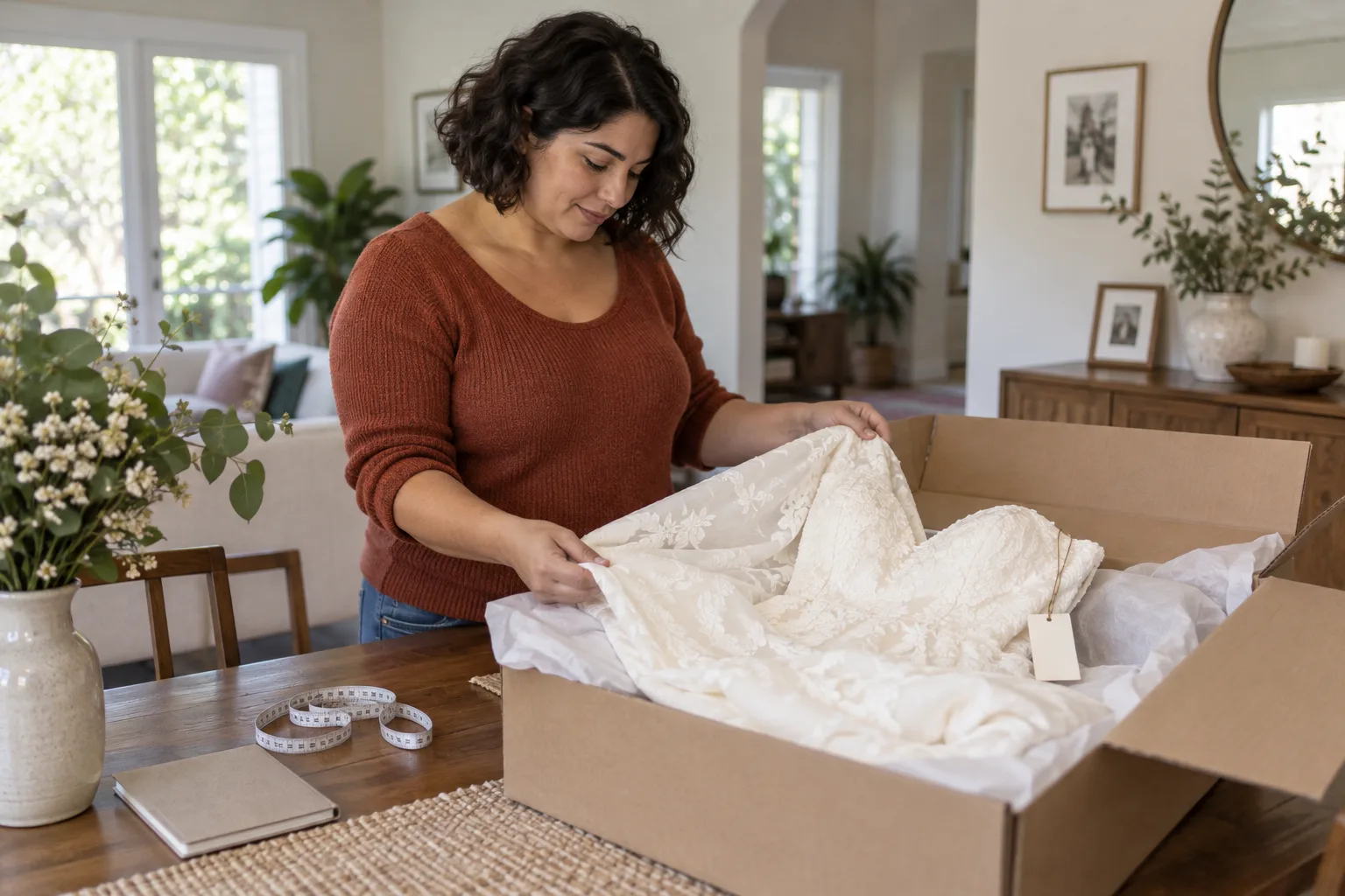 A bride-to-be inspecting an ivory dress unpacked from a shipping box at home