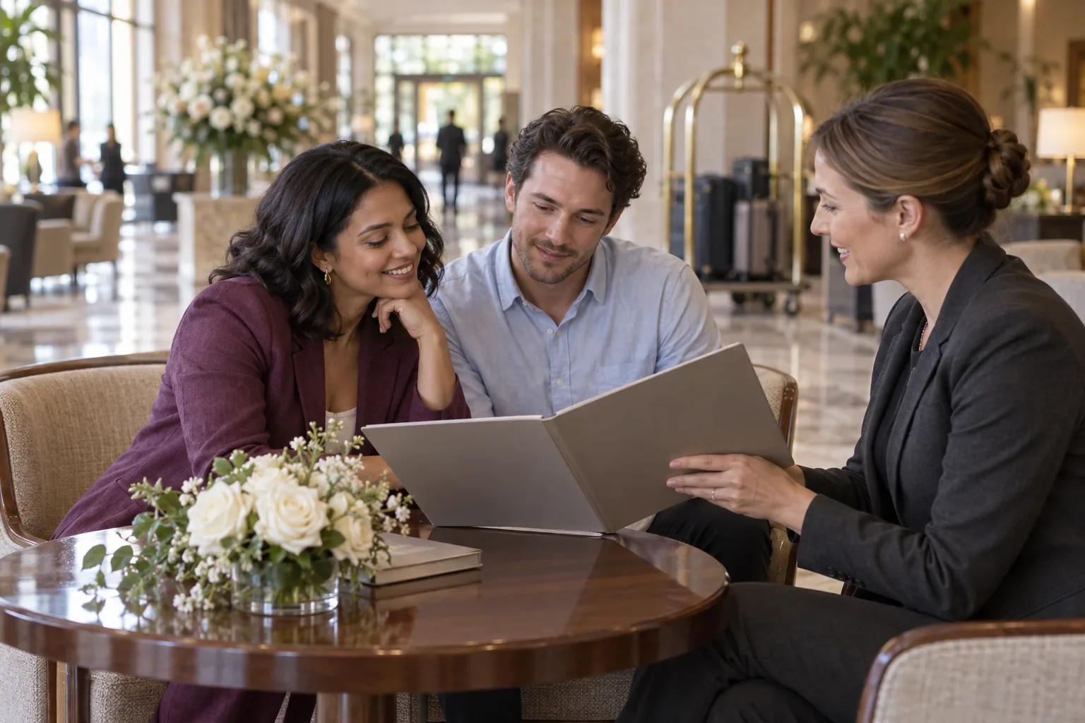 A couple reviewing a reservation folder with a hotel coordinator at a lobby table