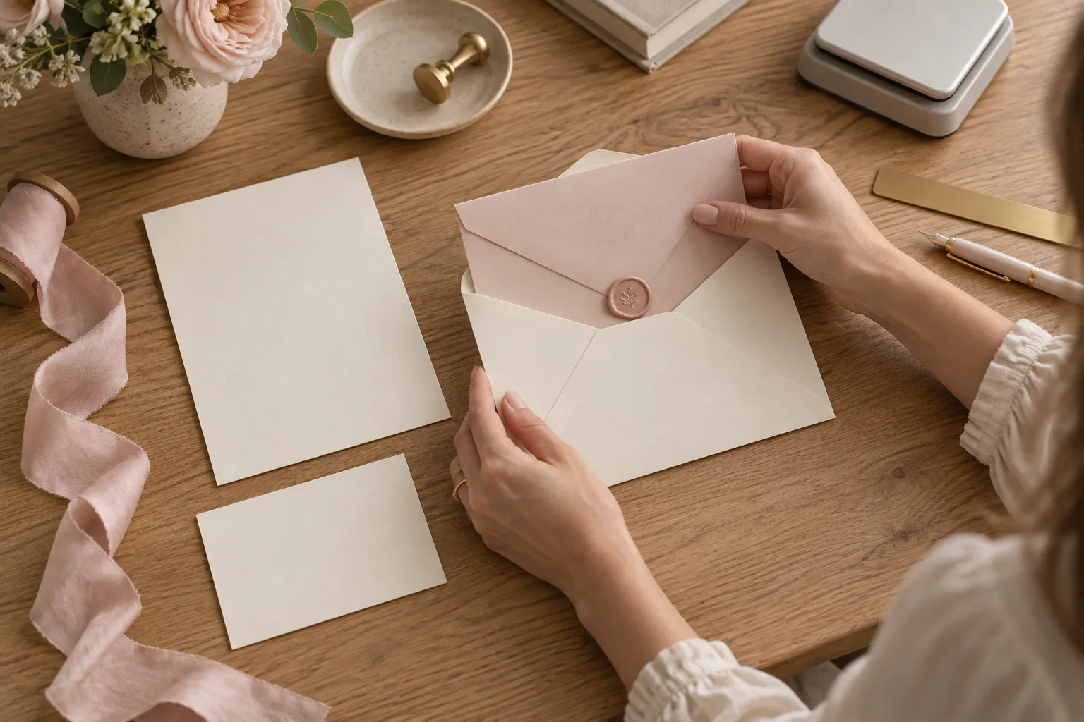 Hands placing a pink invitation envelope into a plain ivory outer envelope beside blank wedding stationery