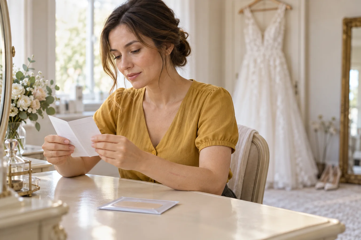 A woman reviewing care information beside an unopened silicone-sheet packet, with a small healed forearm scar