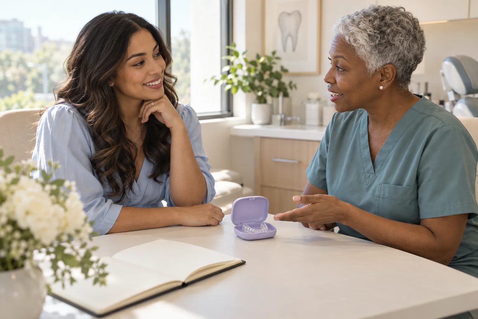 A bride-to-be discussing clear-aligner treatment with a dentist at a consultation desk