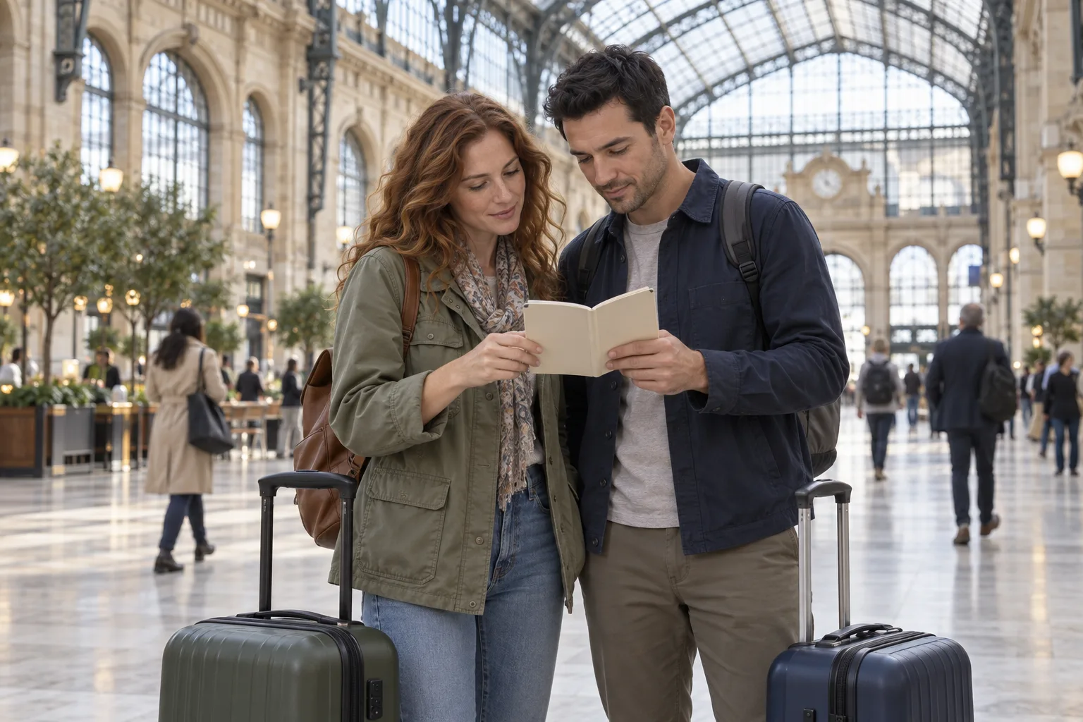 A honeymoon couple checking a blank travel booklet in a European station concourse beside two small suitcases