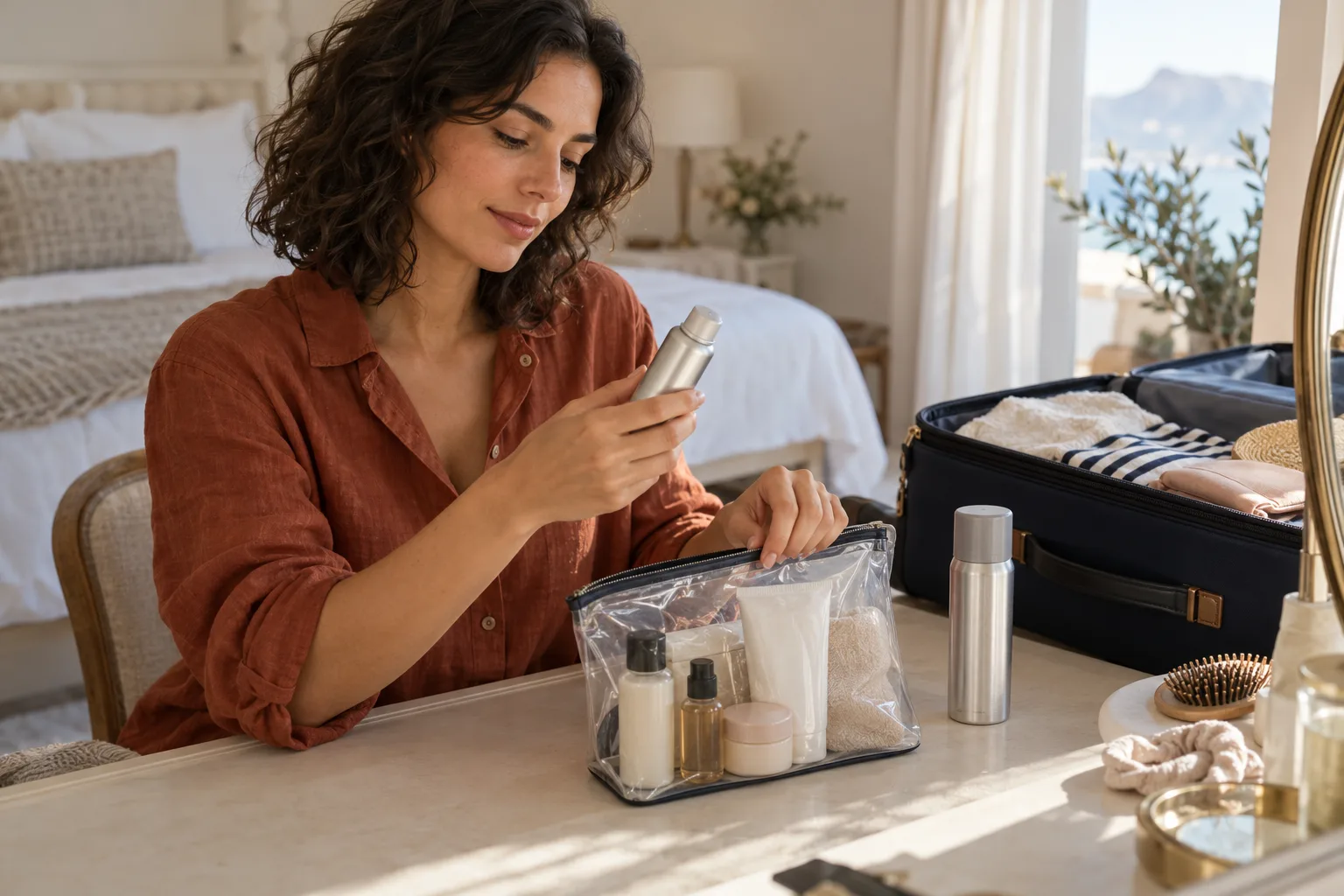 A woman checking a capped travel aerosol while packing miniature toiletries beside an open suitcase