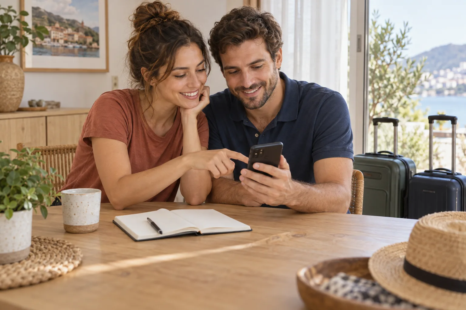 A couple reviewing a phone and a blank travel notebook beside carry-on bags in a bright home