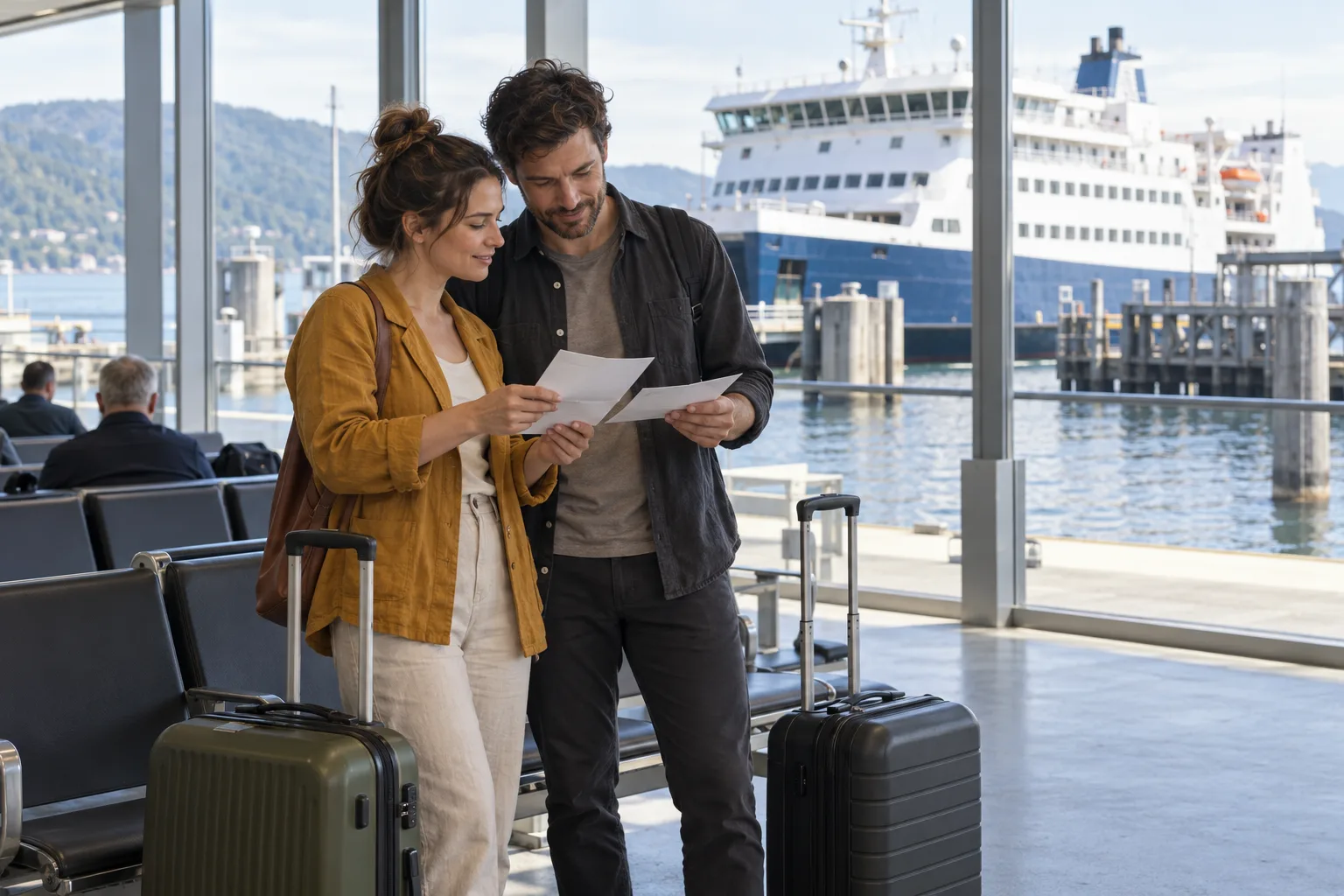 A couple with small rolling bags reviewing travel papers inside a ferry terminal