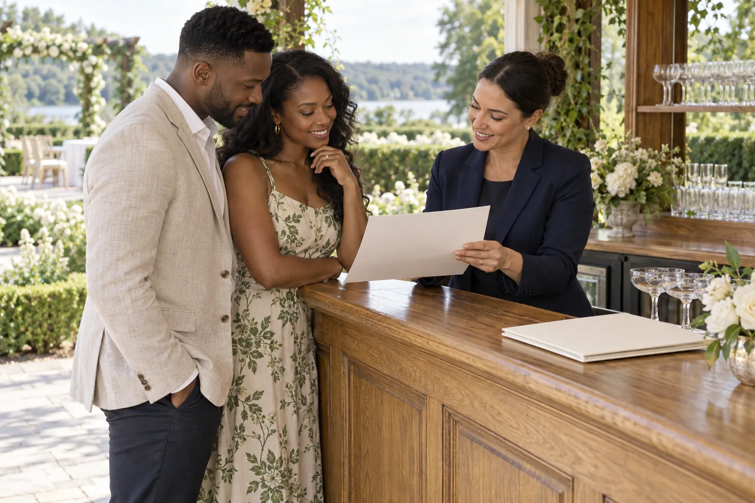 A wedding couple reviewing blank event papers with a bar-service manager beside an unstocked reception bar