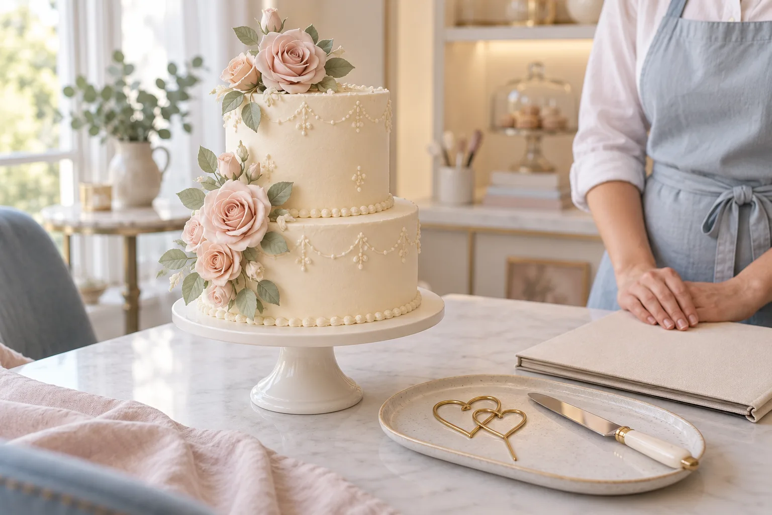An ivory wedding cake with handmade sugar roses beside a separate tray holding a removable heart topper