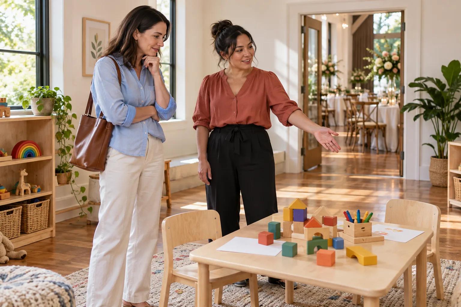 A childcare provider and a parent reviewing an activity room at a wedding venue