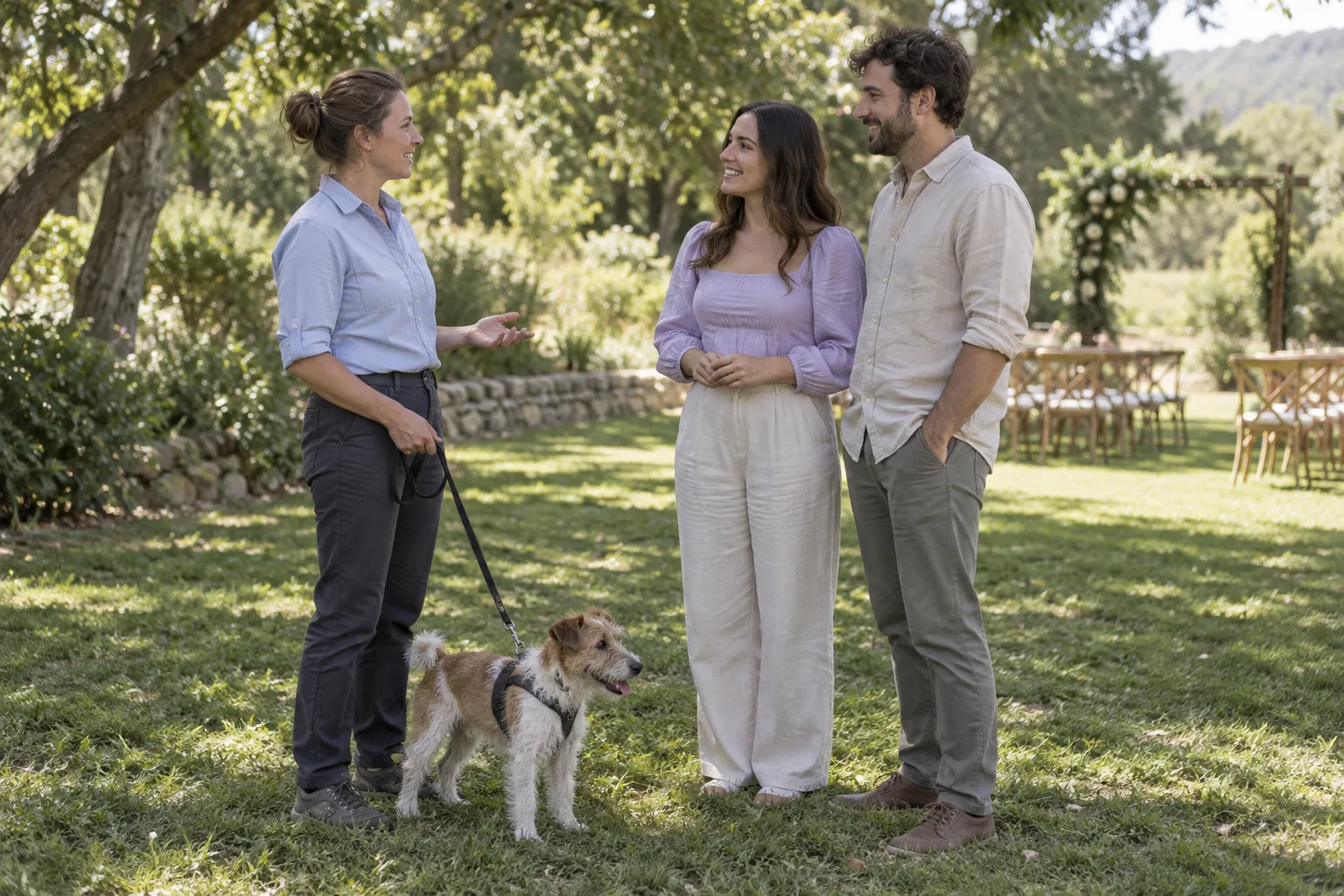 A dog handler in a blue shirt holding a relaxed terrier on a lead beside a couple at an empty garden wedding venue