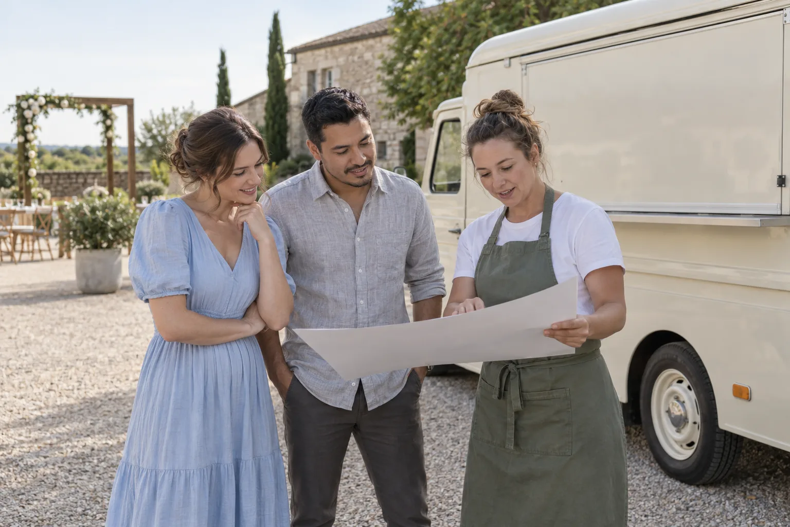 An engaged couple and food-truck operator reviewing a blank site plan beside a parked cream catering truck