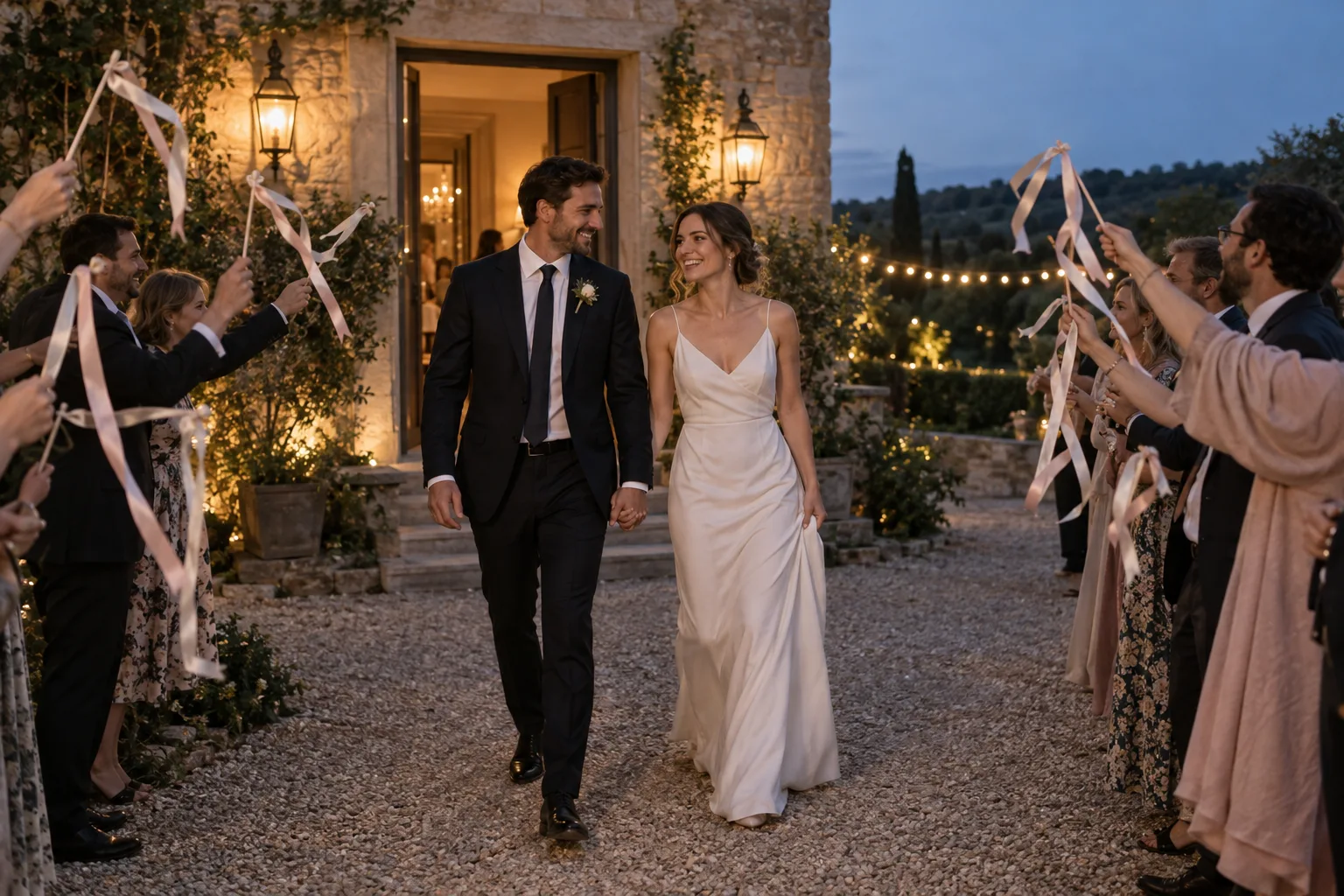 Newlyweds leaving a country-house doorway while guests wave ivory and blush ribbon wands along a clear route