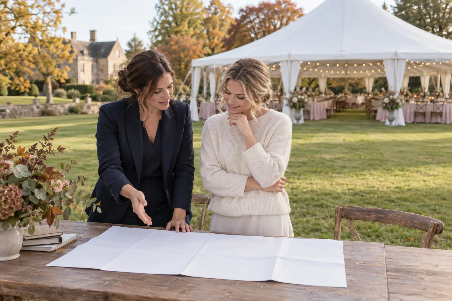 A bride and wedding planner reviewing a blank site plan outdoors with an open-sided reception tent in the background