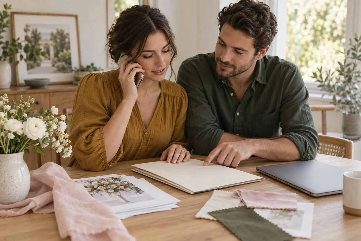 A couple reviewing a plain contract folder while making a phone call at their wedding-planning table