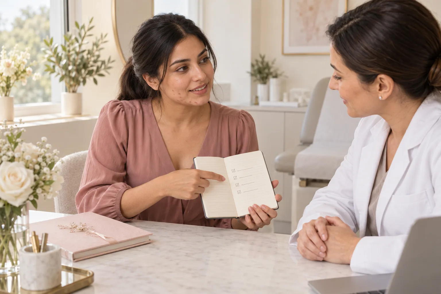A woman with mild jawline acne discussing a notebook checklist with a dermatologist