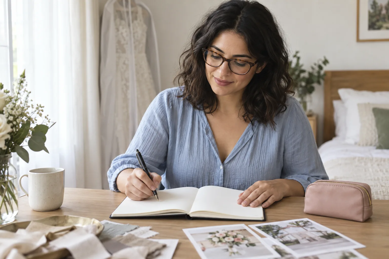 A woman wearing glasses reviewing notes beside a closed cosmetic pouch in a bright bedroom