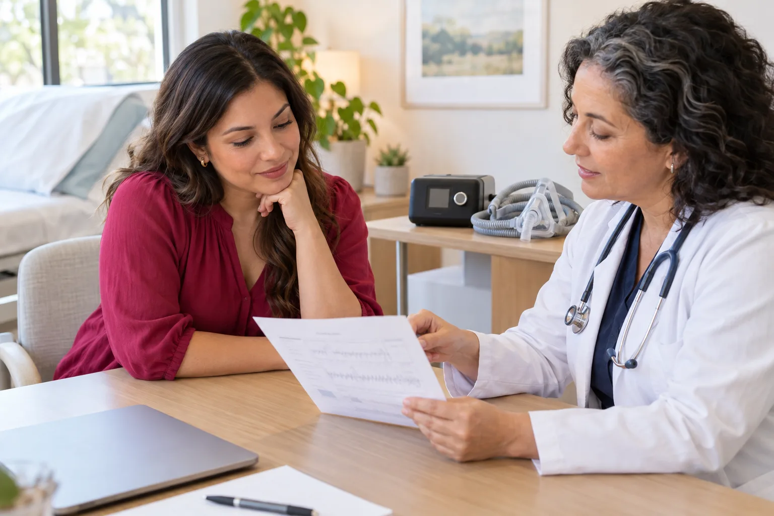 A woman and clinician discussing a sleep report with a CPAP machine resting on a nearby table