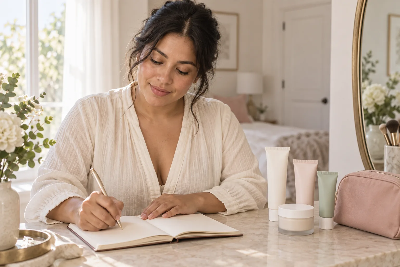 A woman recording her skincare products in a notebook at a sunlit vanity