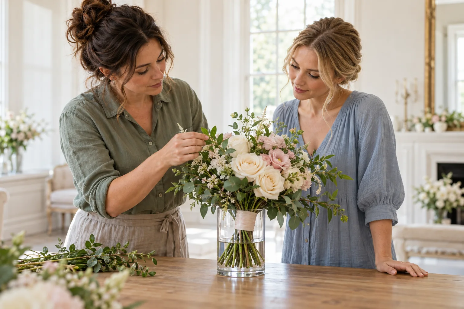 A florist and bride examining an ivory and blush bouquet standing in a clear vase