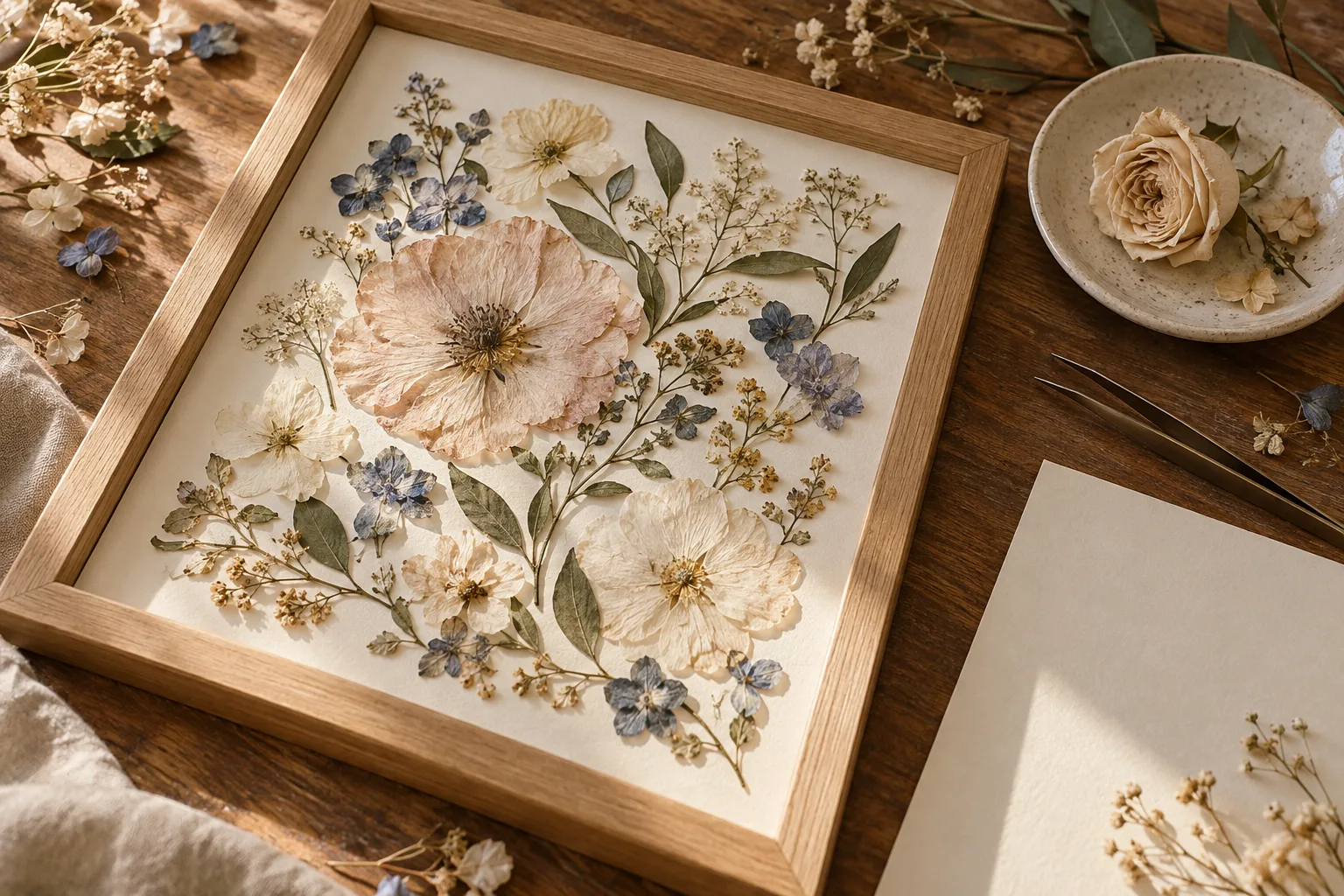 Muted pressed flowers arranged in an oak frame beside a dried cream rose and craft tweezers