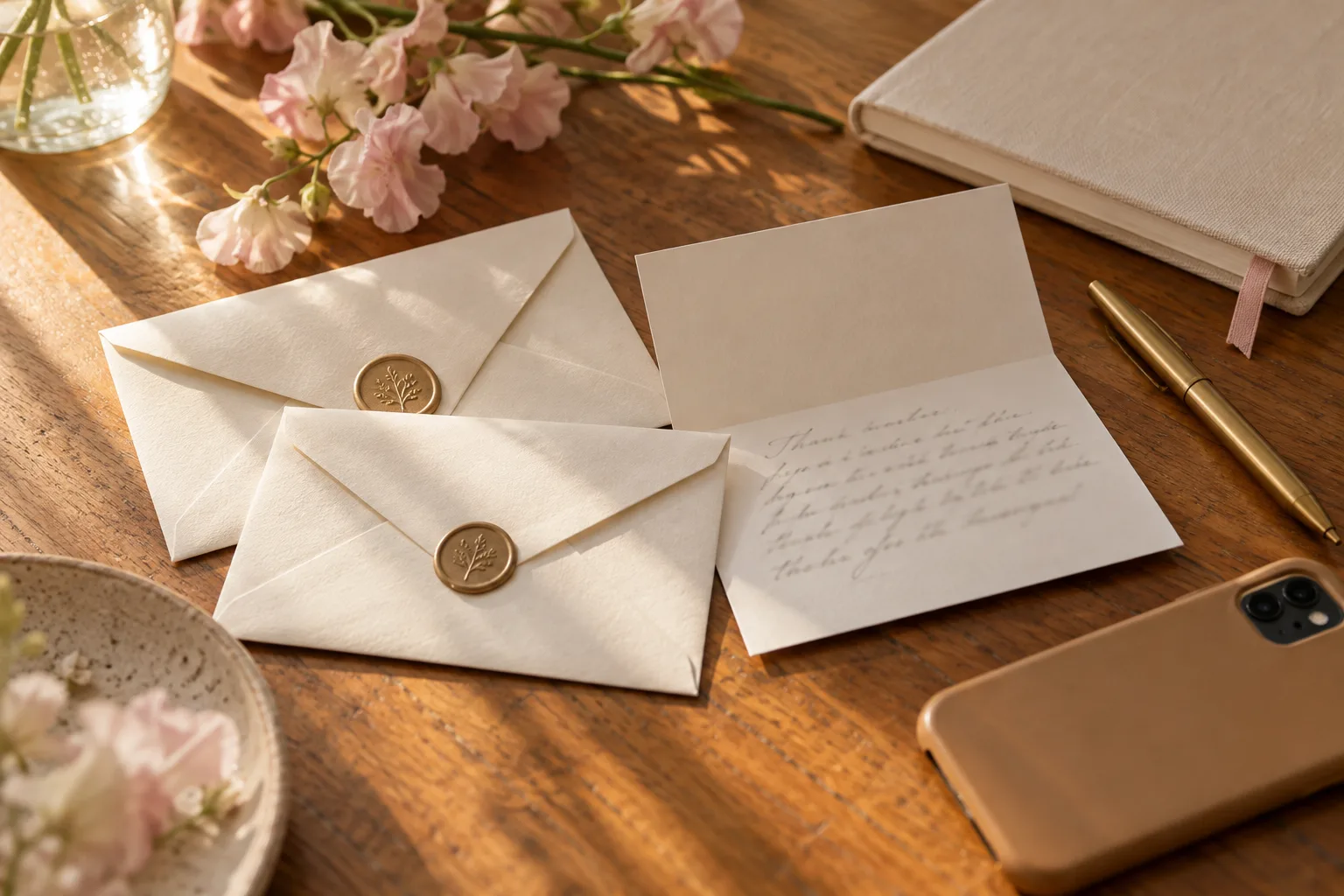 Ivory gift envelopes and a thank-you card on an oak desk beside a notebook and a face-down phone