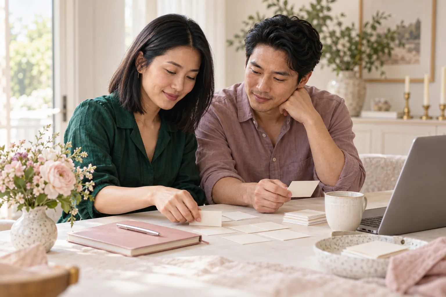 A couple in emerald and mauve shirts arrange blank cream favor cards at an ivory table beside a rose notebook.