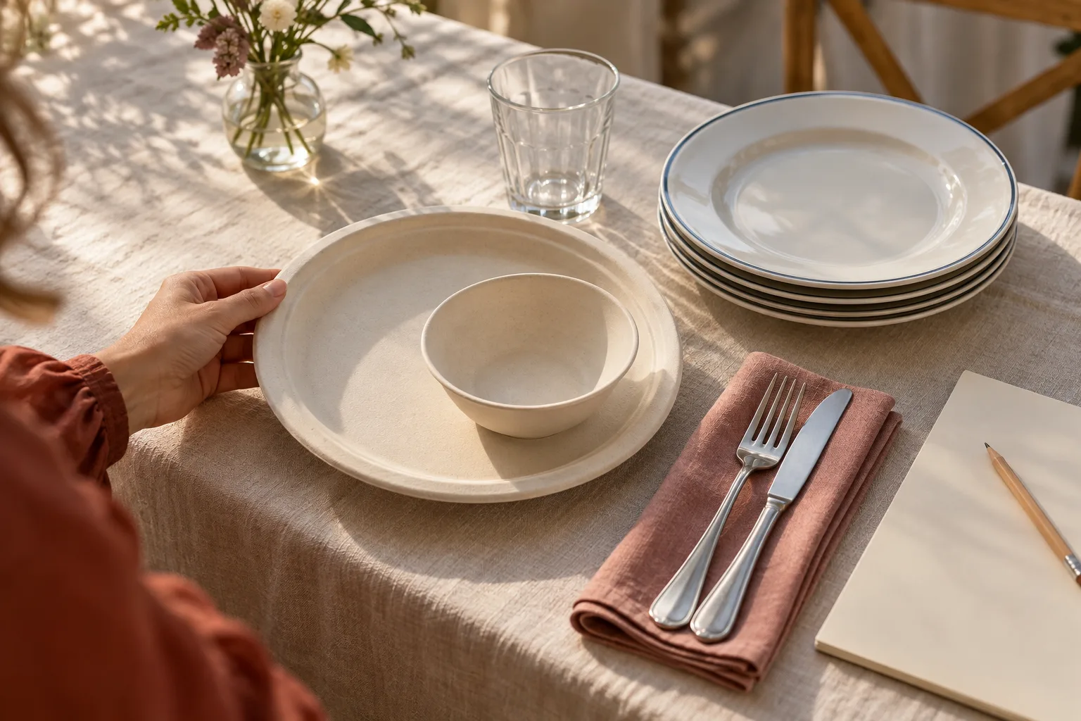 A hand holding a molded-fiber plate beside porcelain plates, a glass and metal cutlery on cream linen
