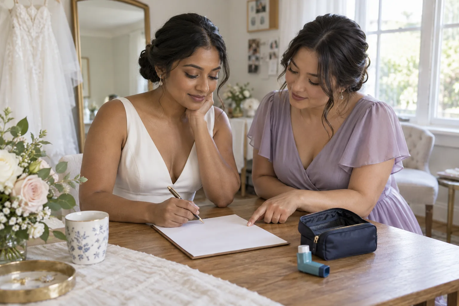 A bride and trusted helper reviewing a care document beside an open pouch in a wedding preparation room