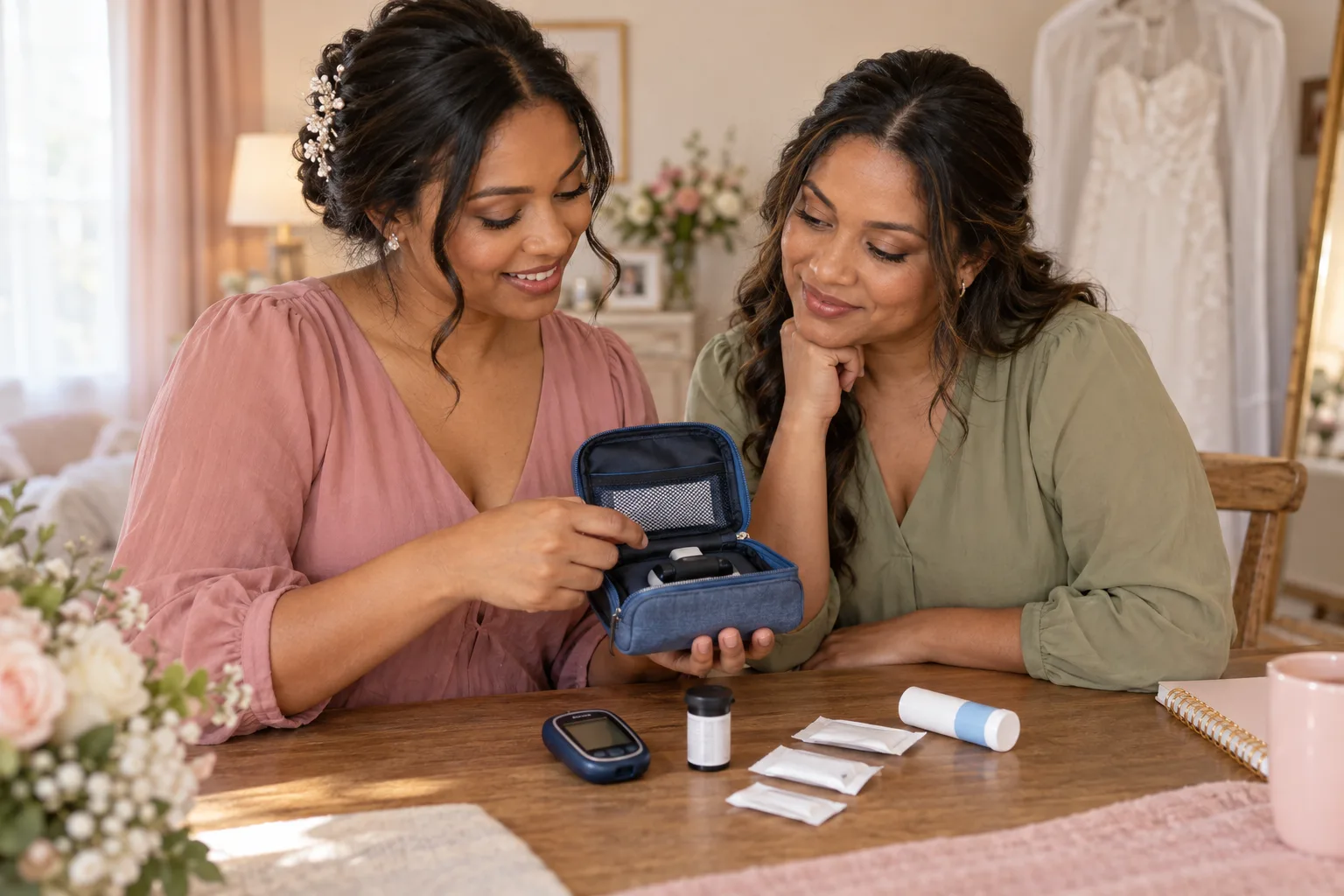 A bride and her chosen helper organizing diabetes-care supplies in a small blue pouch at a preparation table
