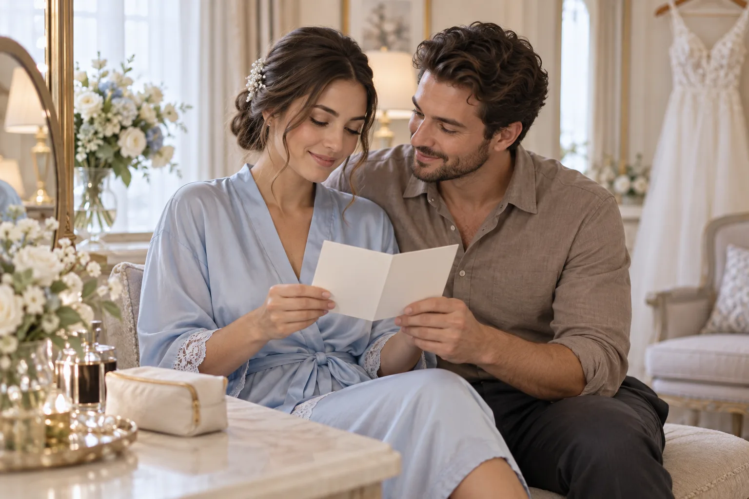 A bride in a soft blue robe discussing a written wedding-day plan with her partner in a comfortable preparation room