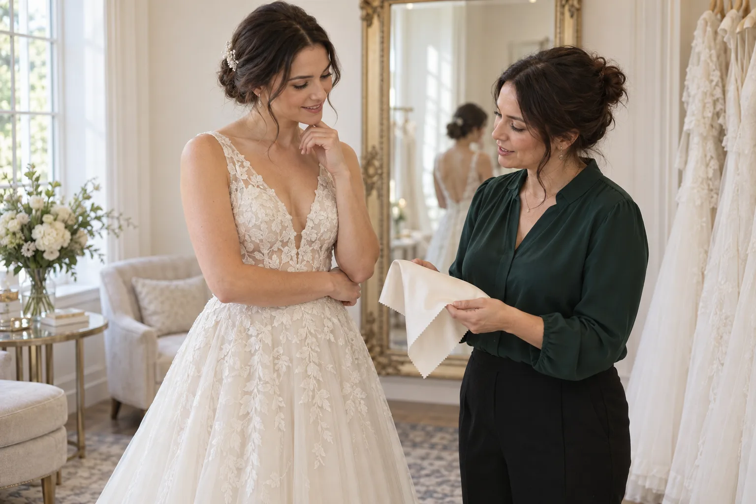 A bride and alterations professional discussing the lining of an ivory wedding dress in a bright fitting room