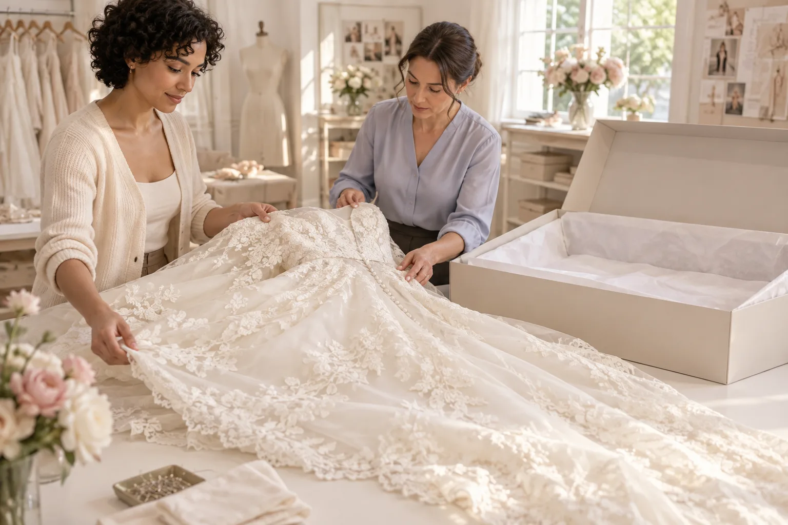 A woman and garment specialist supporting an ivory wedding dress beside a large tissue-lined storage box