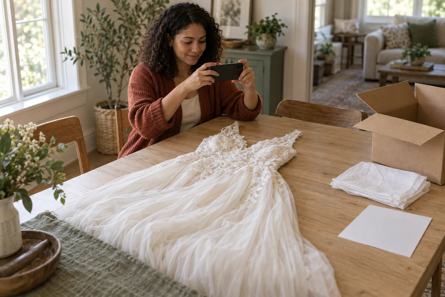 A woman in a rust cardigan documenting an ivory wedding dress beside an open shipping box